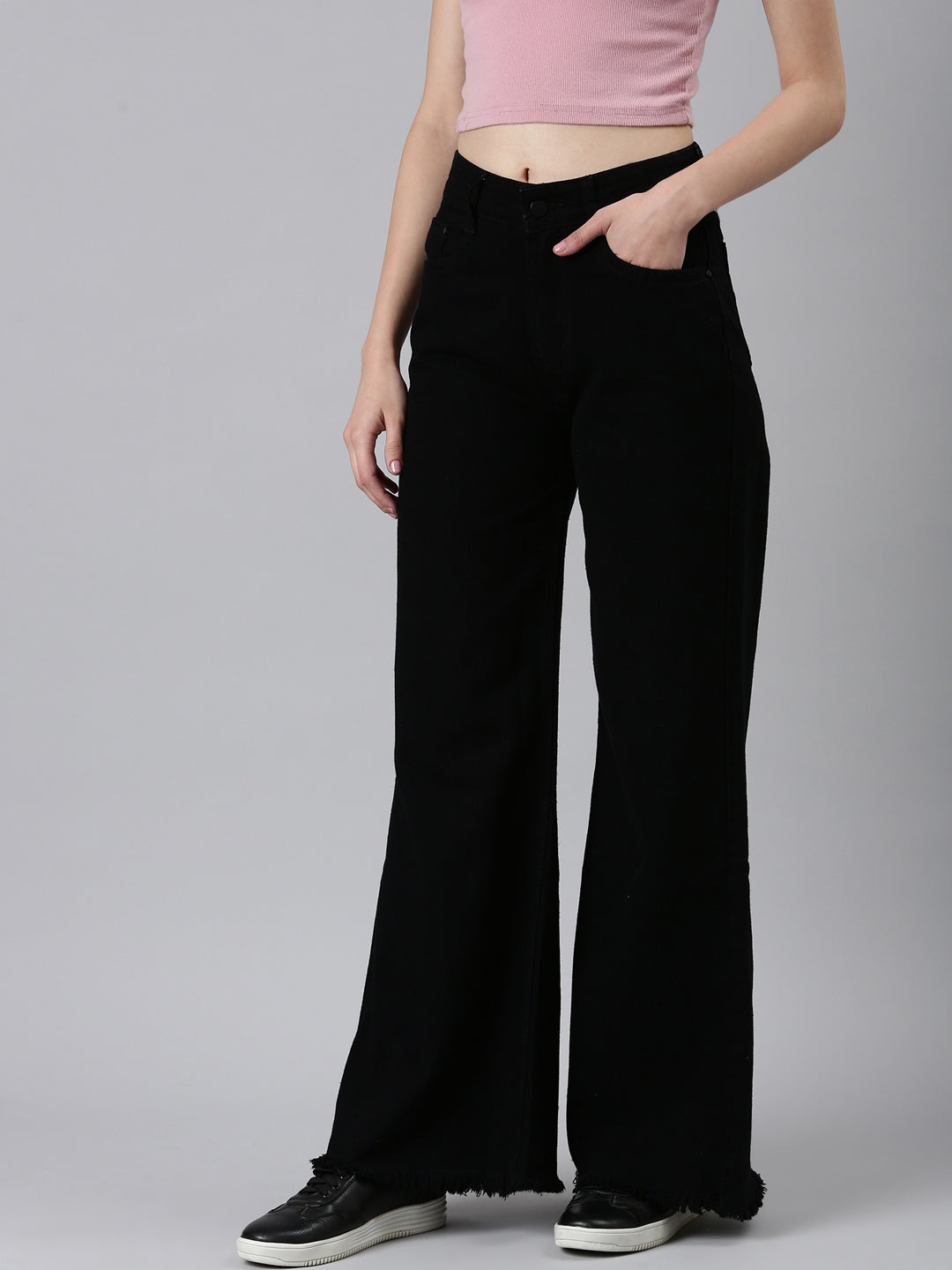 Women's Black Solid Wide Leg Denim Jeans